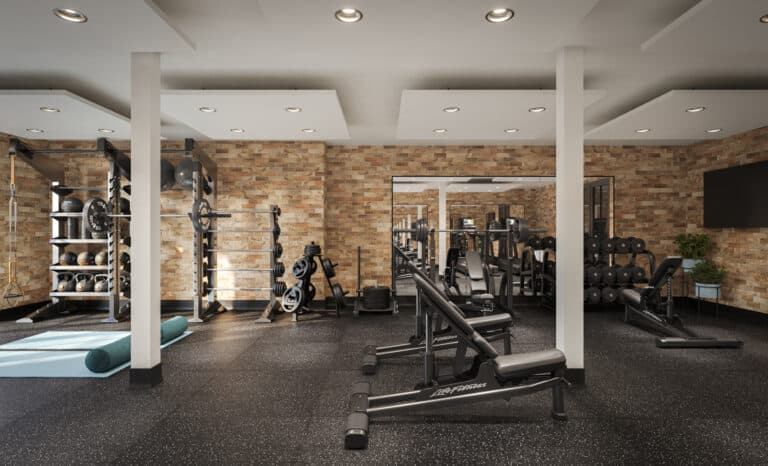 Villa Rotonda high-end gym with weight benches and peloton bikes