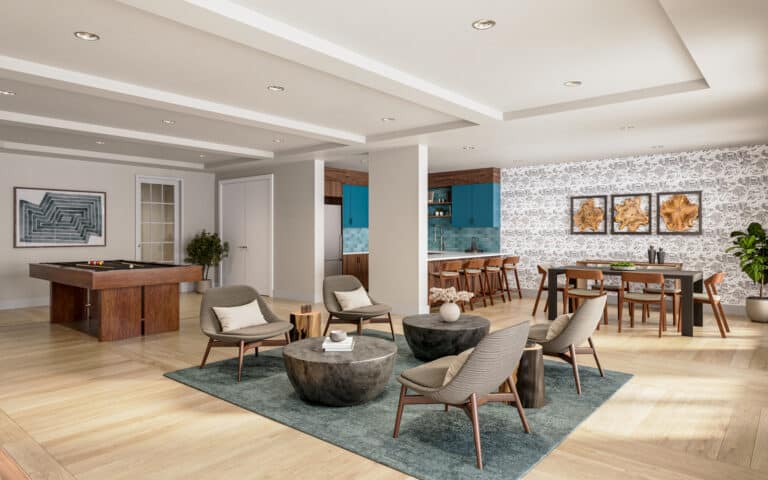 Villa Rotonda clubhouse lounge area with designer chairs and coffee tables