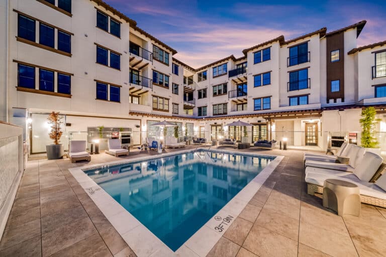 Villa Rotonda Apartments in Santa Rosa twilight swimming pool.