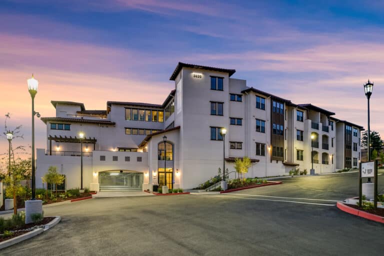Villa Rotonda Apartments in Santa Rosa twilight exterior.