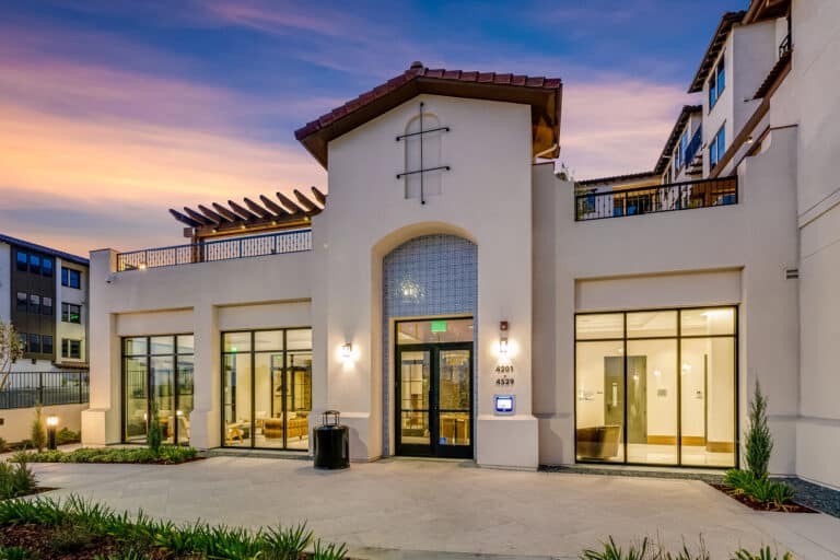 Villa Rotonda Apartments in Santa Rosa twilight leasing office.