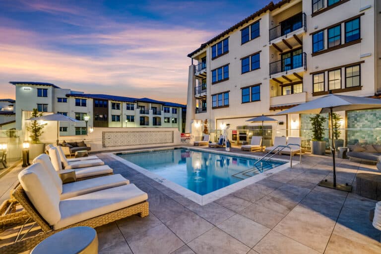 Villa Rotonda Apartments in Santa Rosa twilight pool.
